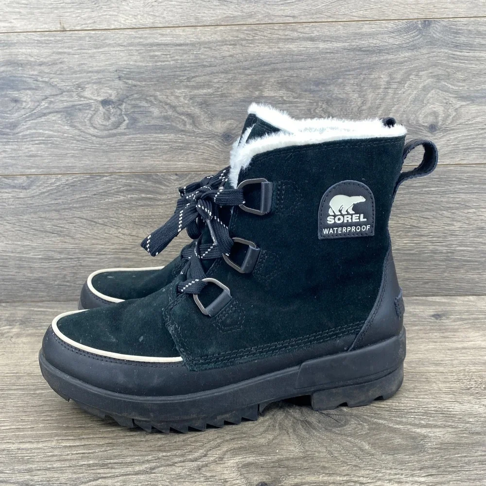 Sorel Explorer Joan Boots Womens 11 Black Waterproof Suede Faux Fur NL3425-010